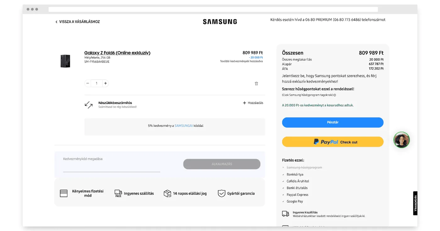 A Samsung letisztult pénztár oldala, zavaró elemek nélkül