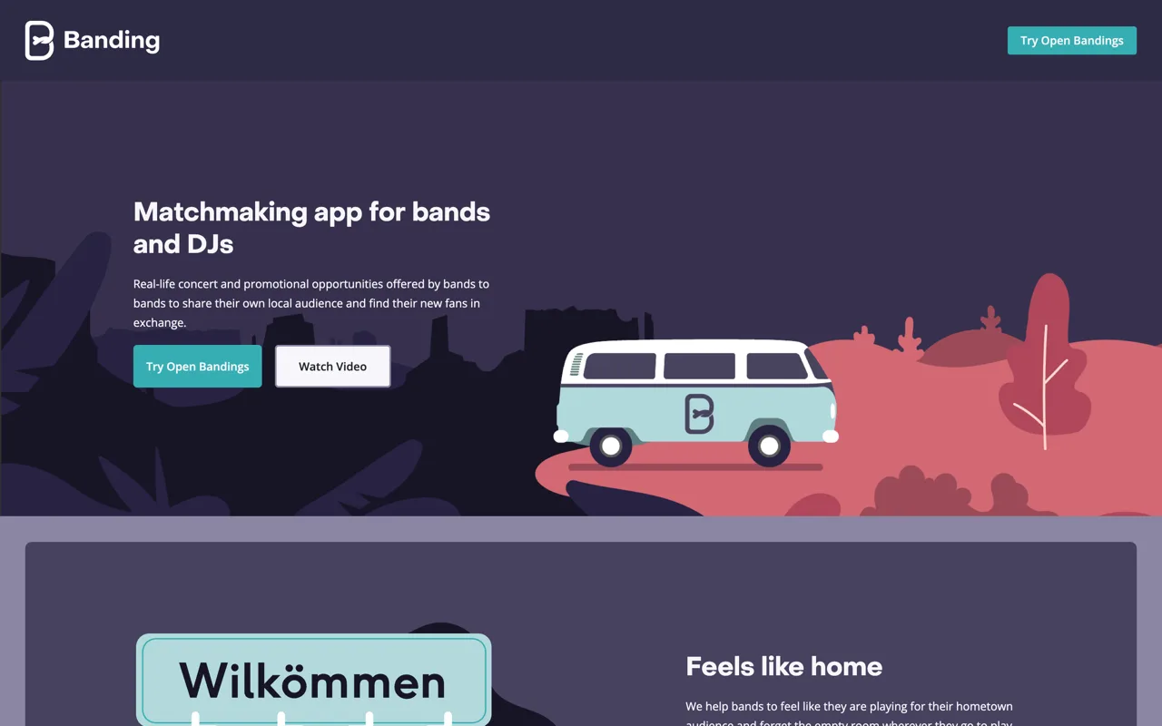 The Banding landing page: matchmaking app for bands and DJs