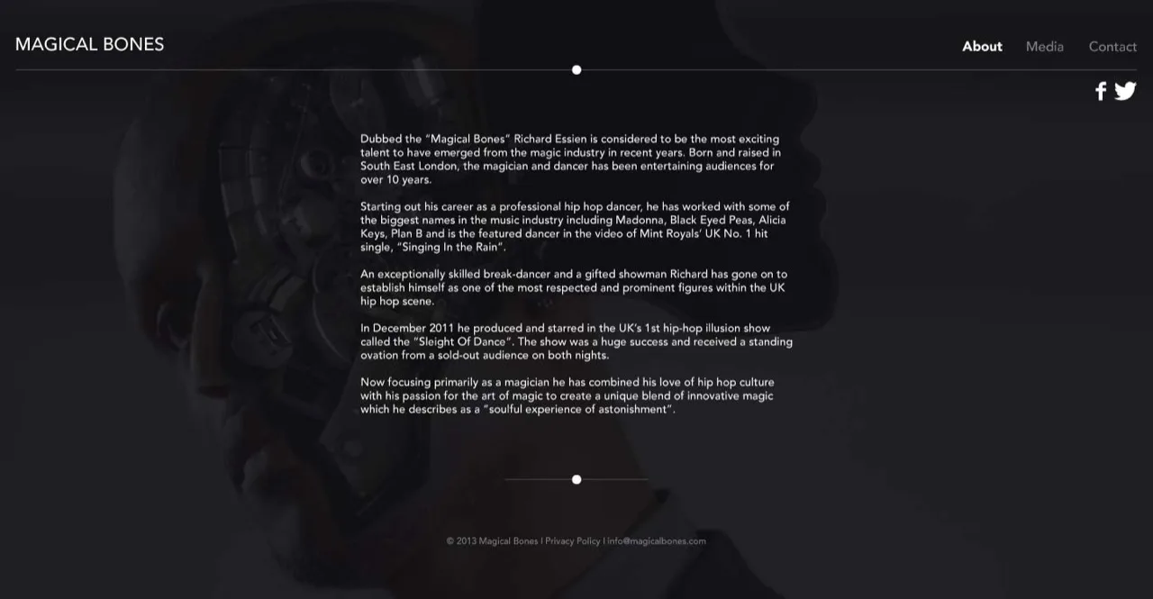 The BONES band site: dark single-page layout with a pinned player