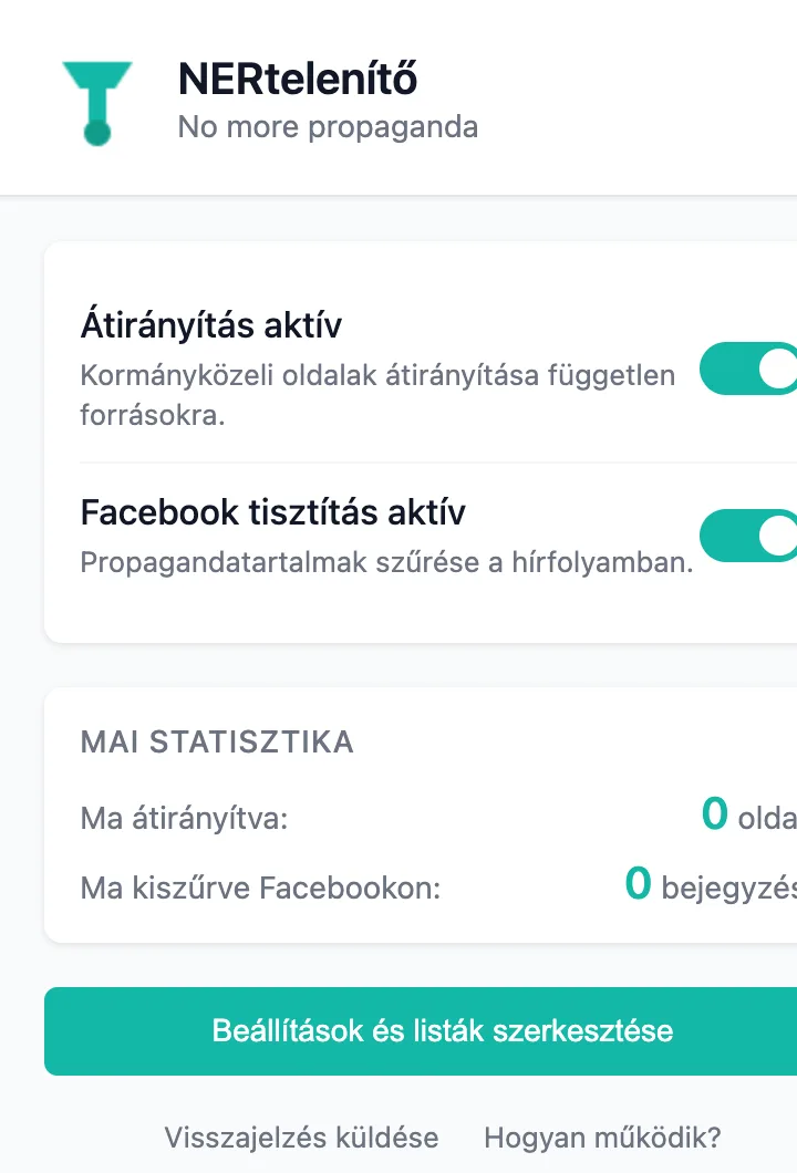 The NERtelenítő toolbar popup, with redirect and Facebook filtering toggled on