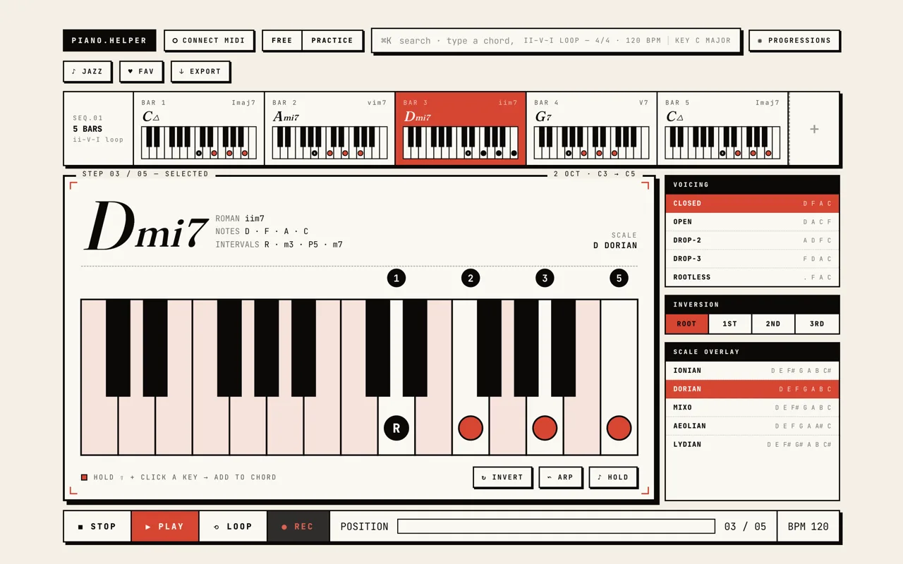Piano Helper showing a ii-V-I progression with voicings and scale overlay