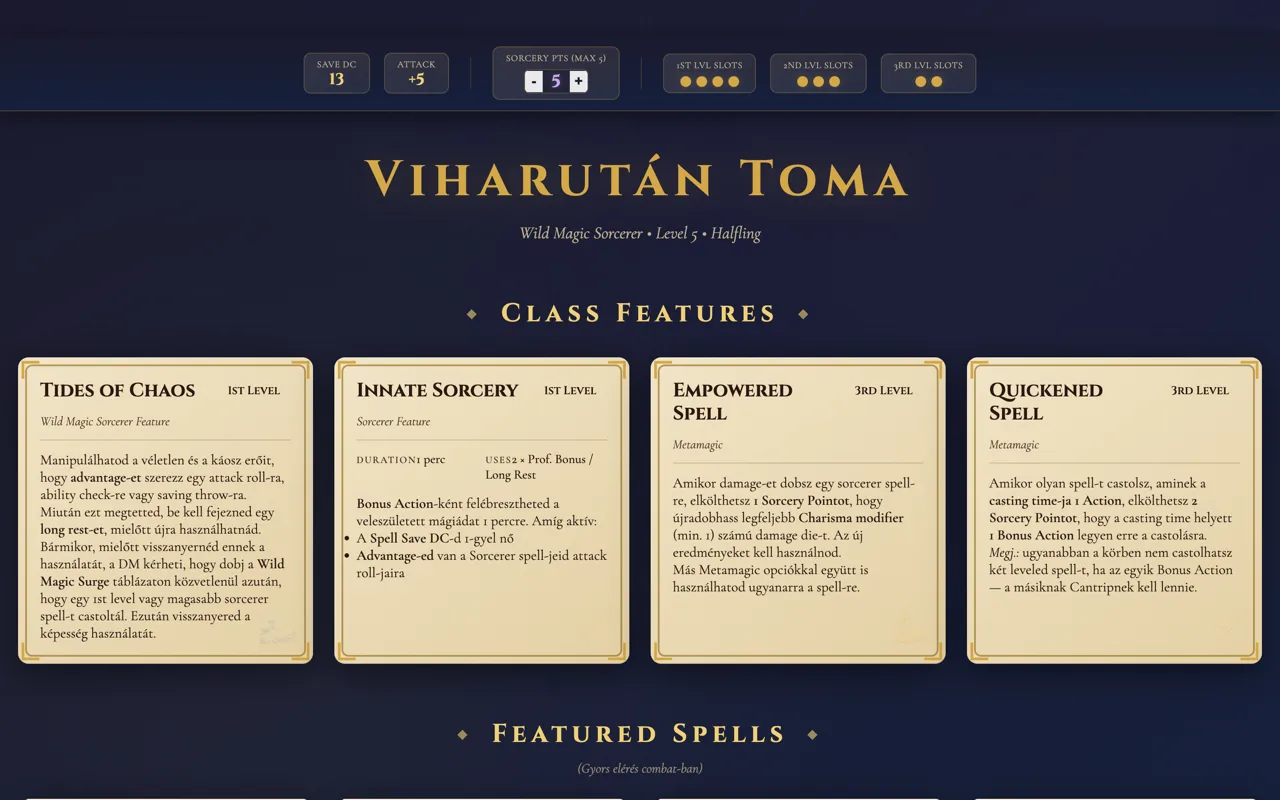 The spellbook showing cantrips and spell slots