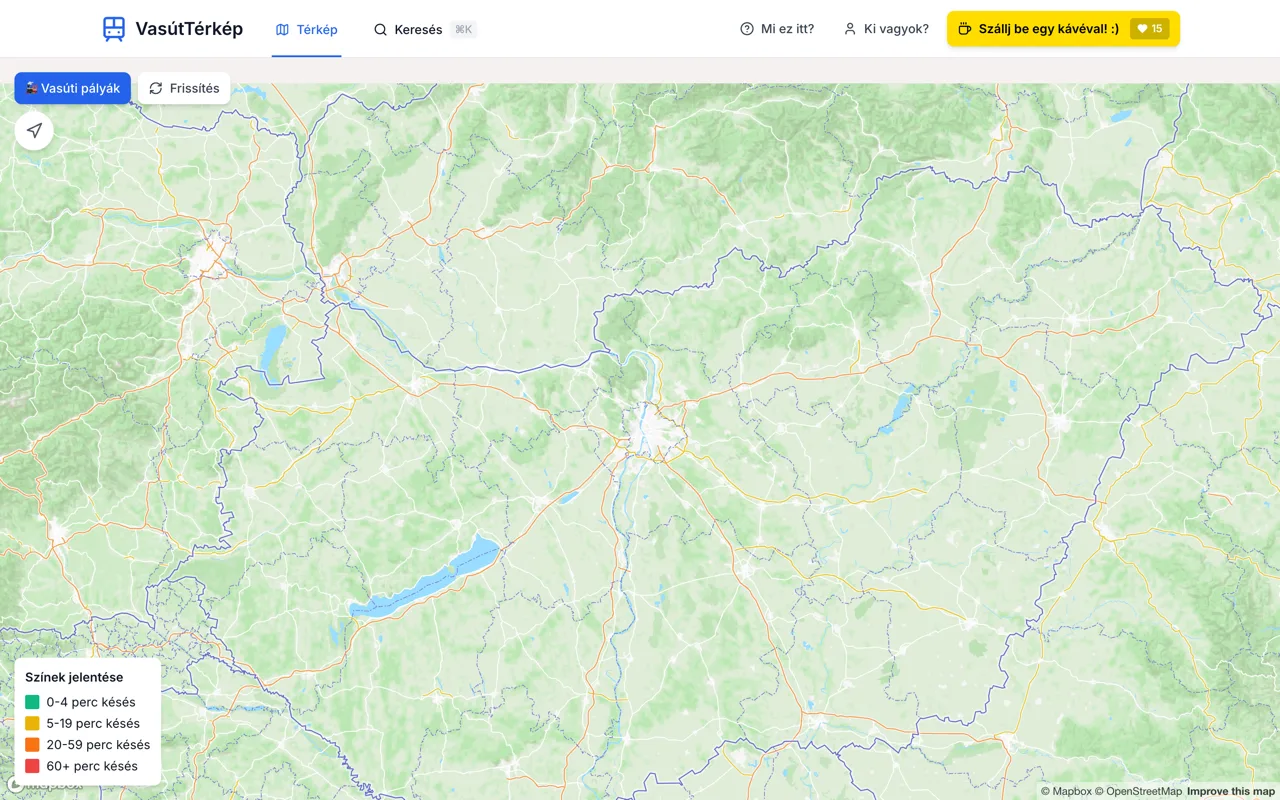 Live map of Hungarian trains coloured by delay